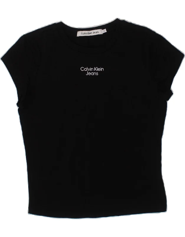 men's simple stylish t-shirts -CALVIN KLEIN JEANS Girls Graphic T-Shirt Top 7-8 Years Small Black Cotton