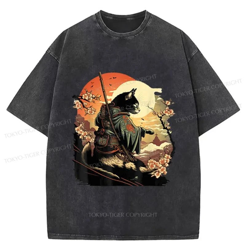 men's premium quality t-shirts -Tokyo-Tiger Cat Ninja Ukiyo-e Anime Style Samurai Washed T-Shirt