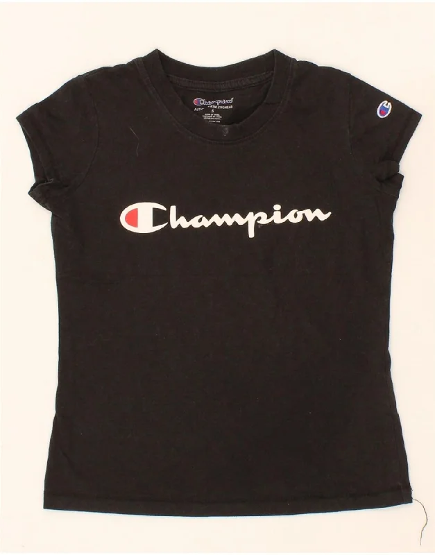 men's v-neck t-shirts -CHAMPION Girls Graphic T-Shirt Top 7-8 Years Black Cotton