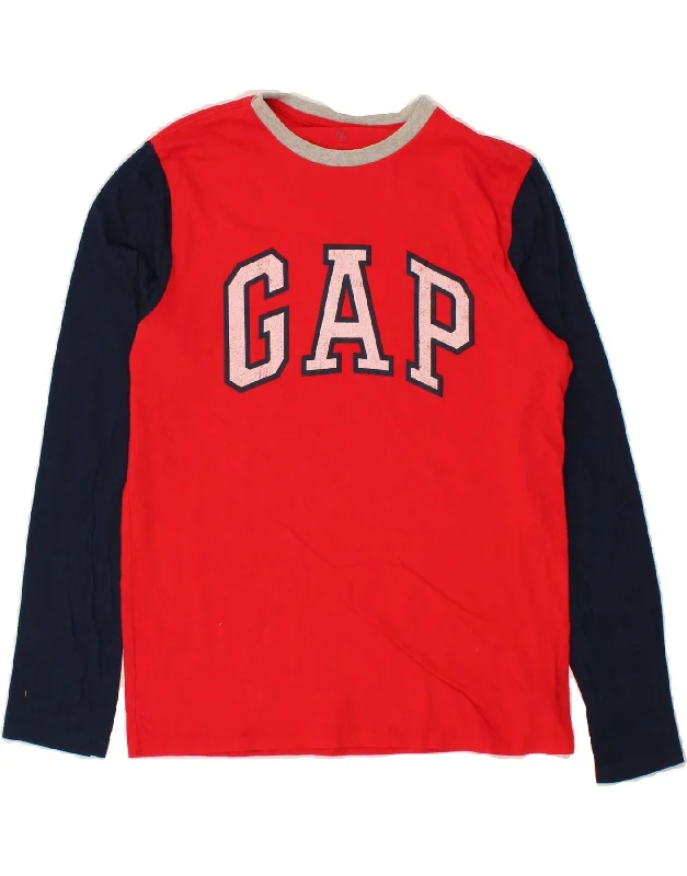 men's cool summer t-shirts -GAP Boys Graphic Top Long Sleeve 13-14 Years 2XL Red Colourblock Cotton