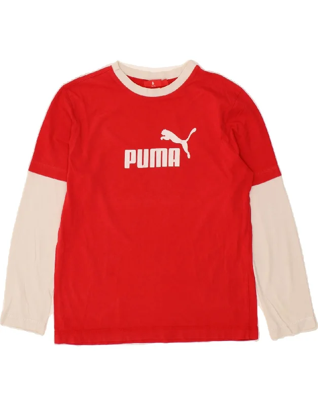 men's stylish t-shirts for casual wear -PUMA Boys Graphic Top Long Sleeve 11-12 Years Red Colourblock Cotton