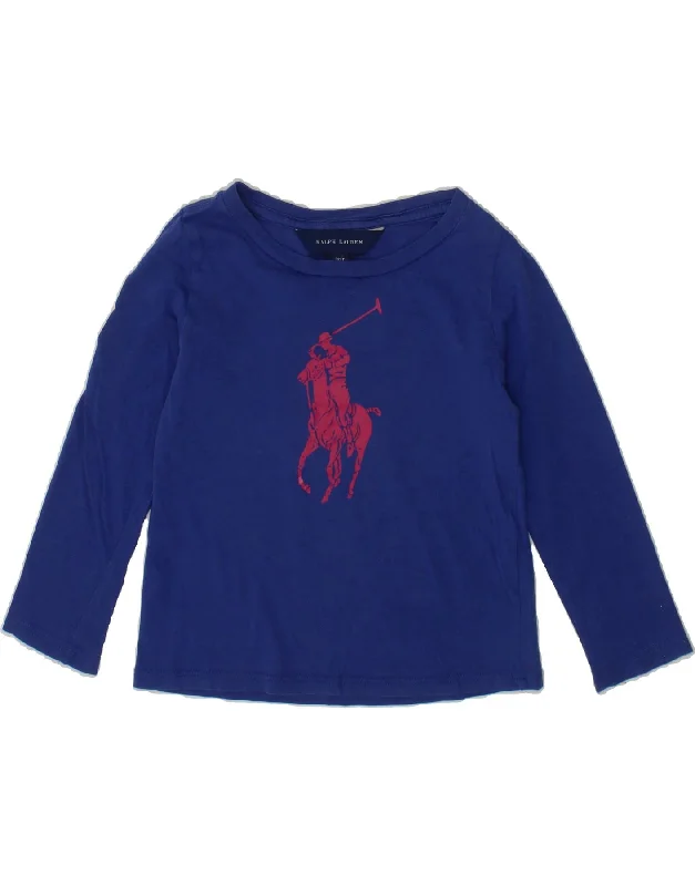 men's slogan t-shirts -RALPH LAUREN Boys Graphic Top Long Sleeve 2-3 Years Blue Cotton