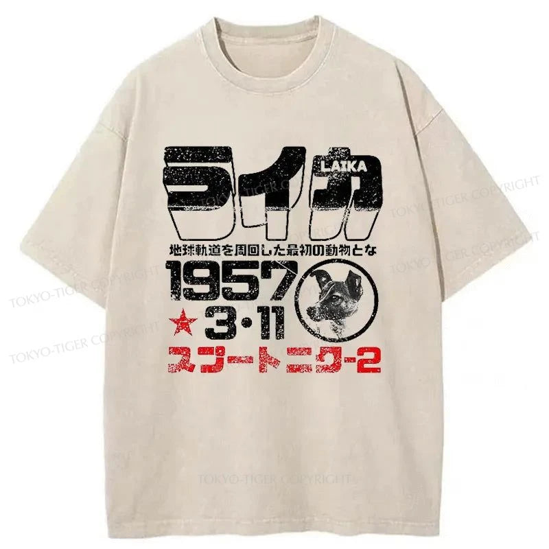 men's trendy printed t-shirts -Tokyo-Tiger 1957 The Sad Story Astronaut Dog Washed T-Shirt