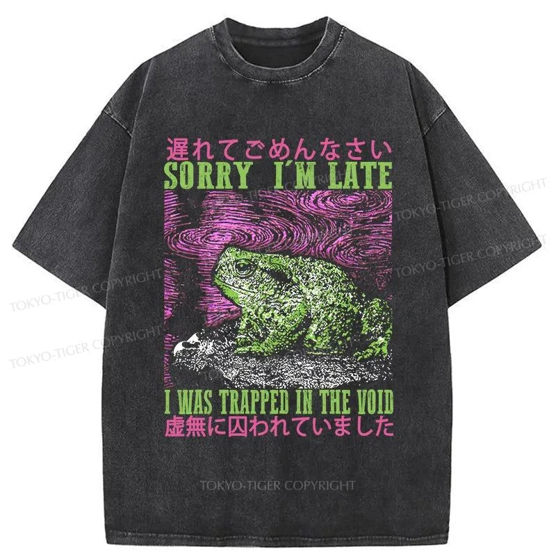 men's trendy graphic t-shirts -Tokyo-Tiger A Frog In Distress Japanese Washed T-Shirt