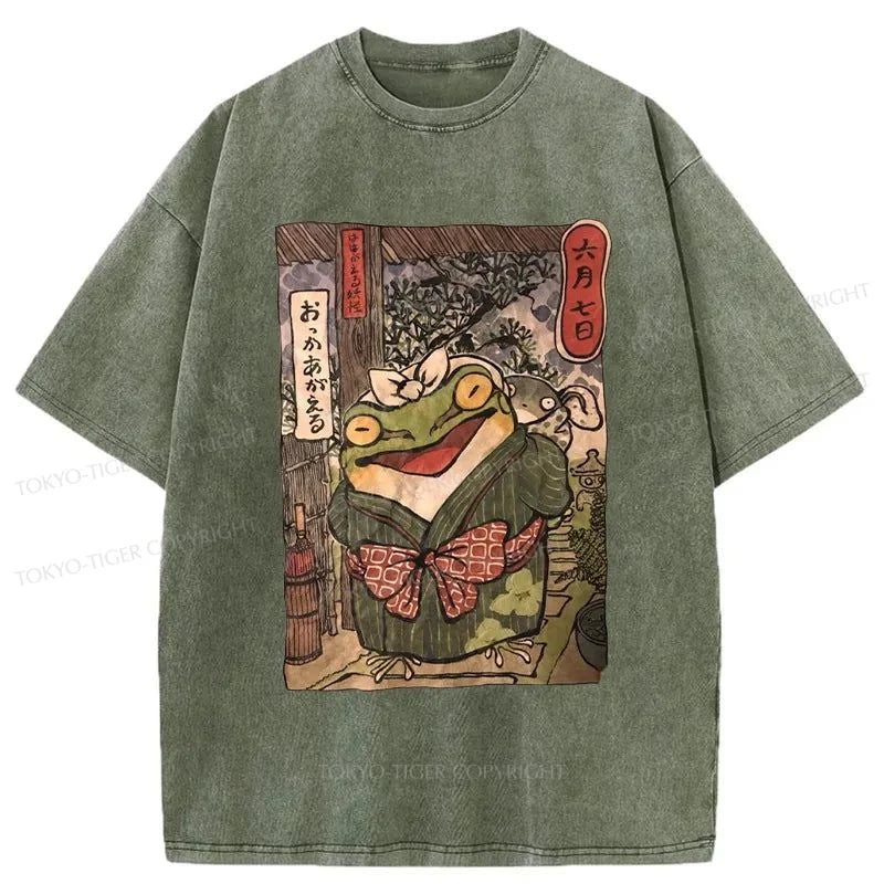 men's funny t-shirts -Tokyo-Tiger A Warm Family Of Frogs Washed T-Shirt