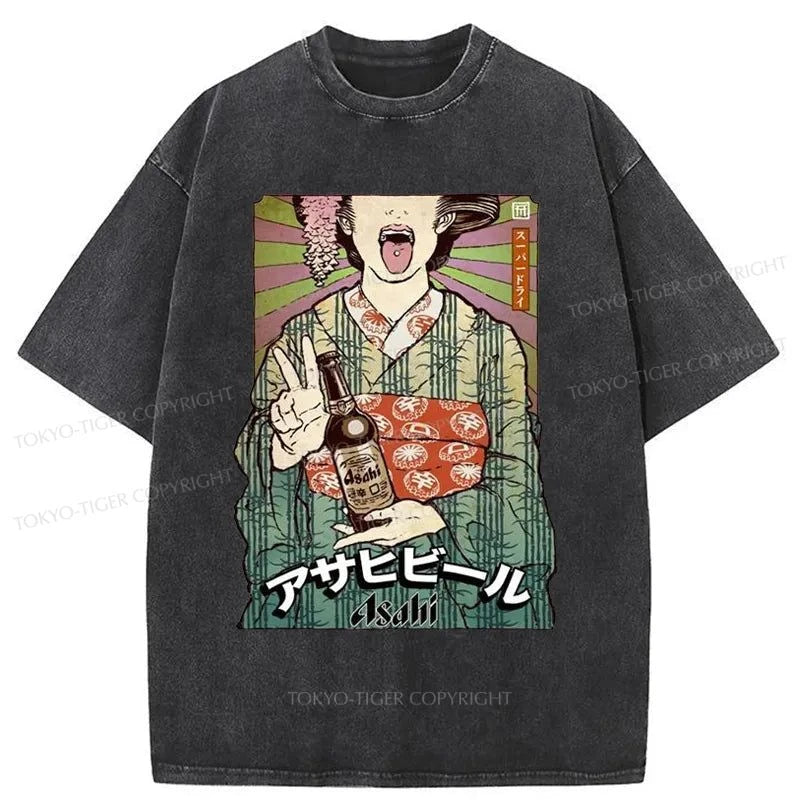 men's relaxed fit t-shirts -Tokyo-Tiger Asahi Beer Poster Washed T-Shirt