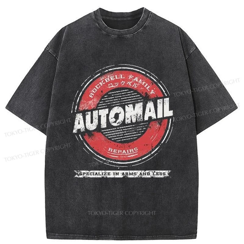 men's modern design t-shirts -Tokyo-Tiger Automail Specialize In Arms Washed T-Shirt