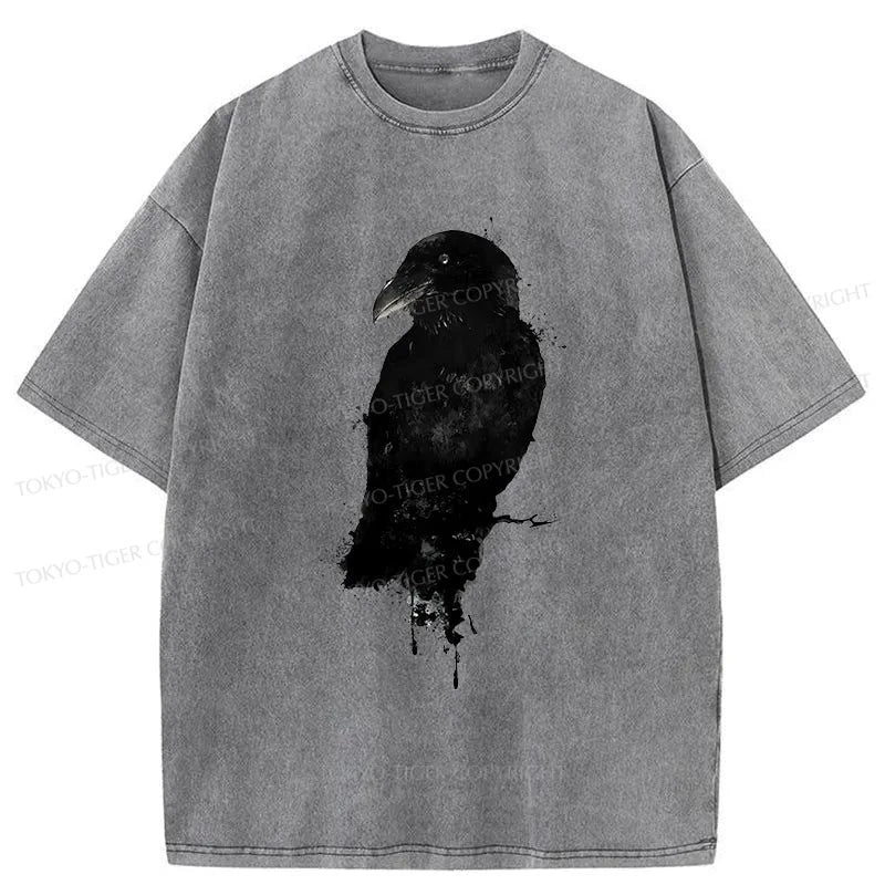 men's trendy printed t-shirts -Tokyo-Tiger Black Crow Japan Washed T-Shirt