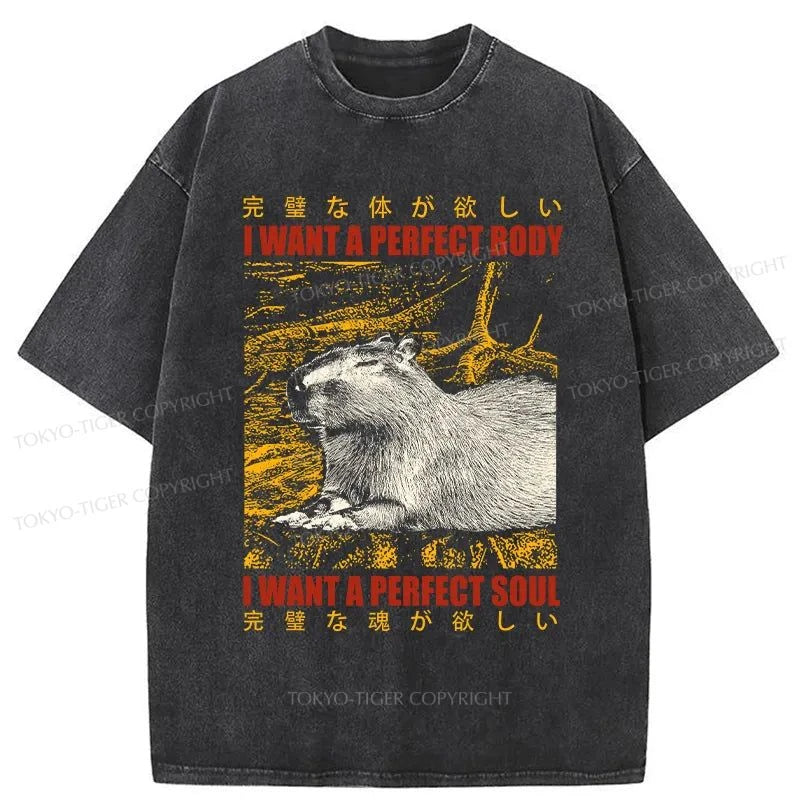 men's printed graphic t-shirts -Tokyo-Tiger Capybara Who Wants The Perfect Body Washed T-Shirt