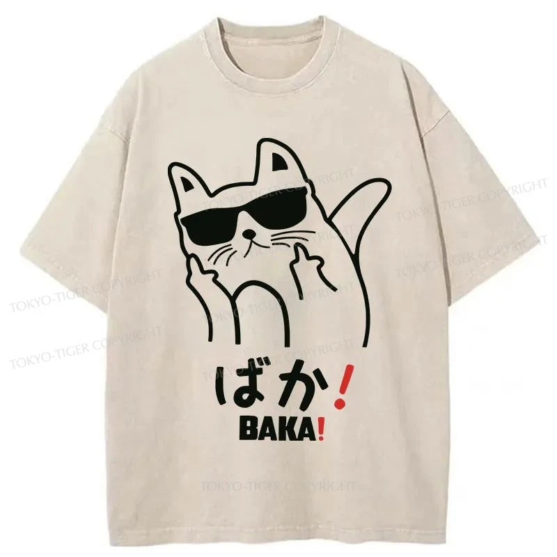 men's printed slogan t-shirts -Tokyo-Tiger Cool Cat Meme Washed T-Shirt