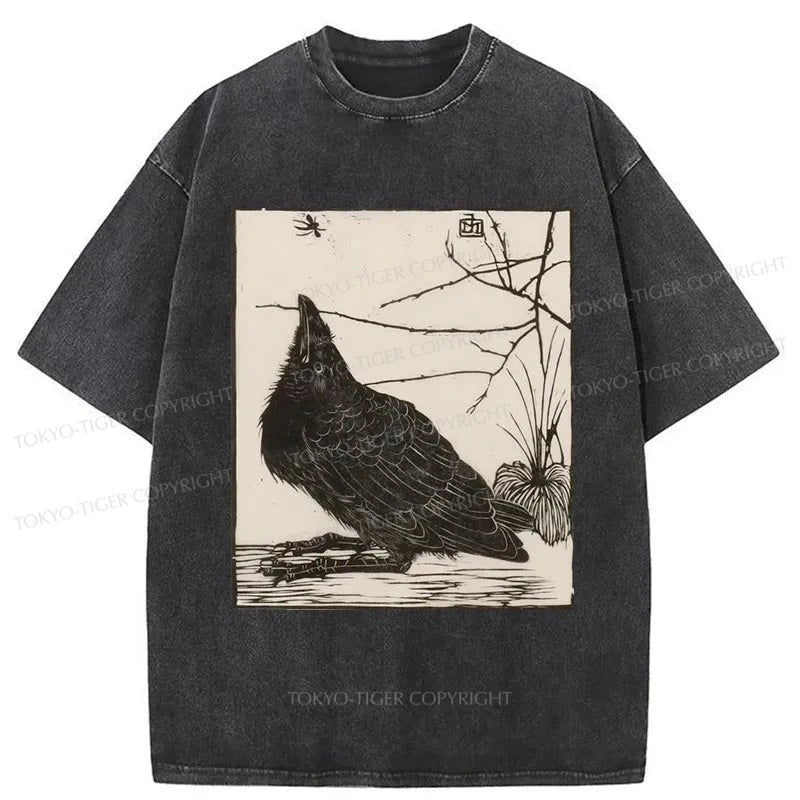 men's vintage print t-shirts -Tokyo-Tiger Crow Print Japanese Washed T-Shirt