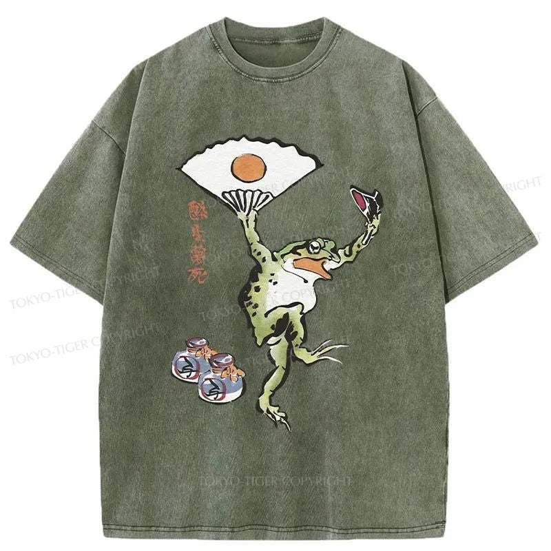 men's bold design t-shirts -Tokyo-Tiger Dancing Frog Japanese Washed T-Shirt