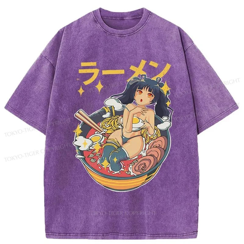 men's loose fit t-shirts -Tokyo-Tiger Girls And Ramen Washed T-Shirt