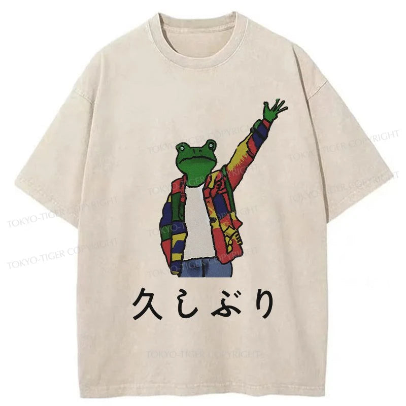 men's oversized graphic t-shirts -Tokyo-Tiger Hand Up Frog Japanese Washed T-Shirt