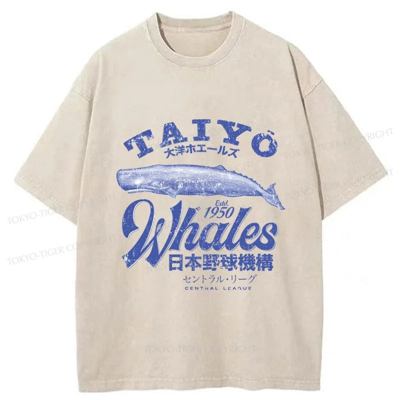 men's slim-fit graphic t-shirts -Tokyo-Tiger Japan Taiyo Whales Washed T-Shirt