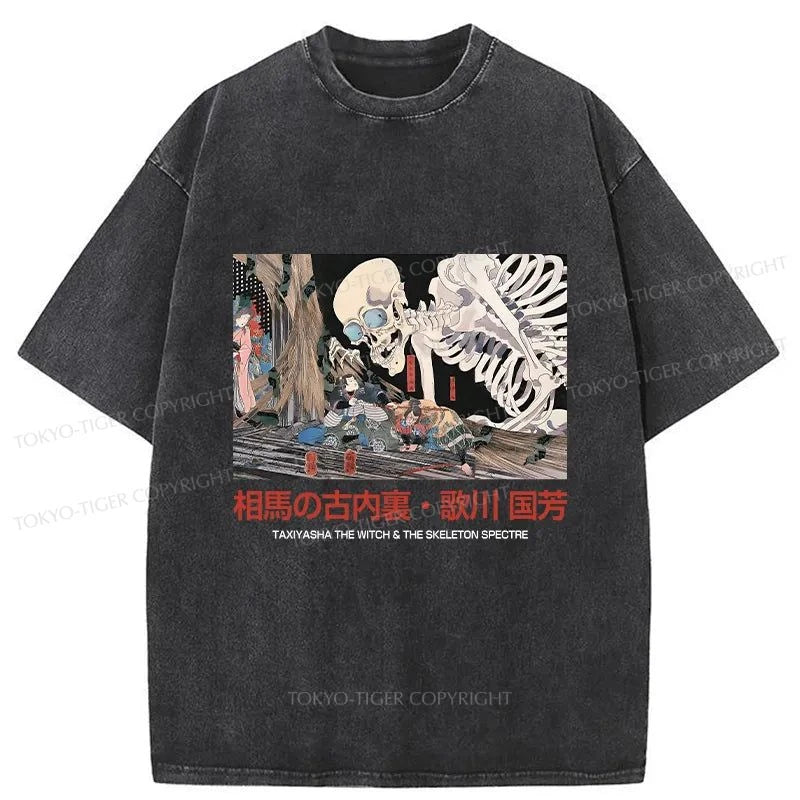 men's plain t-shirts -Tokyo-Tiger Japanese Skeleton Painting Retro Washed T-Shirt