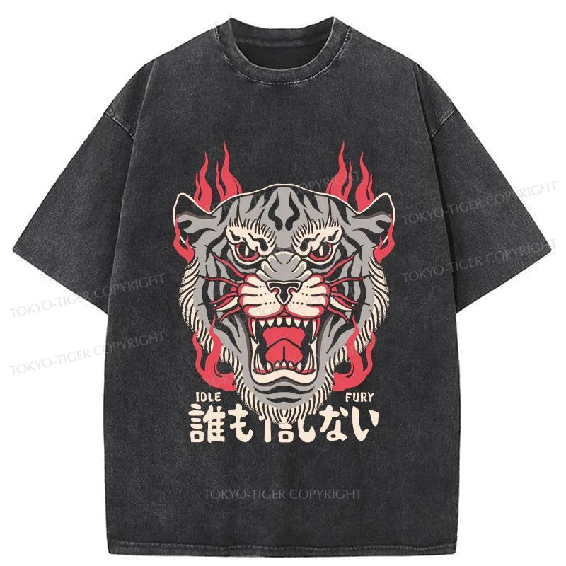 men's cotton t-shirts -Tokyo-Tiger Japanese Tiger Fire Washed T-Shirt