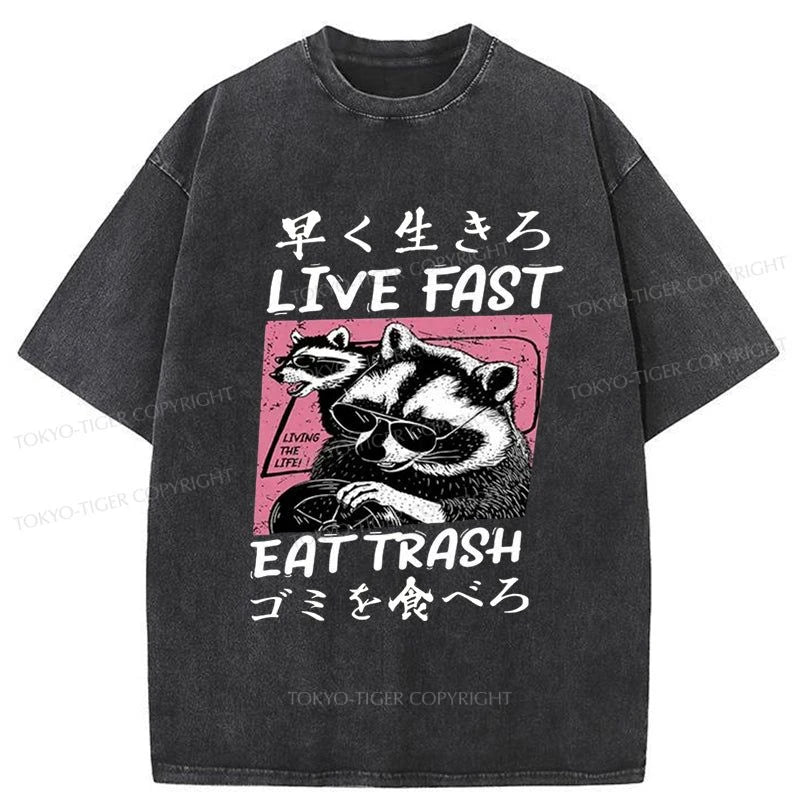 men's workout t-shirts -Tokyo-Tiger Live Fast Eat Trash Raccoon Washed T-Shirt