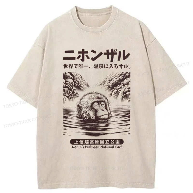 men's printed logo tees -Tokyo-Tiger Macaque Monkey Hot Spring Washed T-Shirt