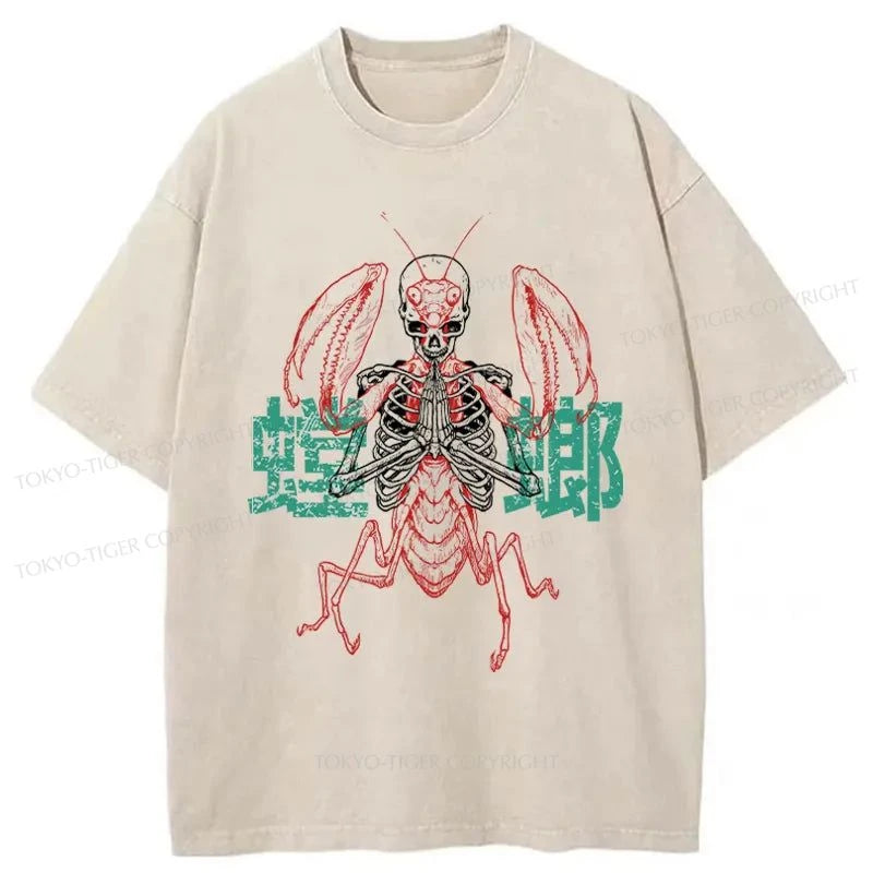 men's fun graphic print t-shirts -Tokyo-Tiger Mantis Monster Japanese Washed T-Shirt