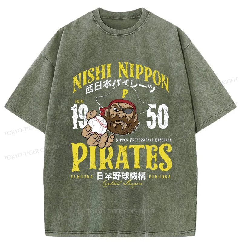 men's long sleeve t-shirts -Tokyo-Tiger Nishi Nippon Baseball Washed T-Shirt