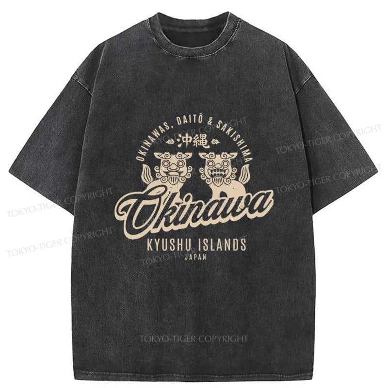 men's comfortable t-shirts -Tokyo-Tiger Okinawa Stone Lion Japanese Washed T-Shirt