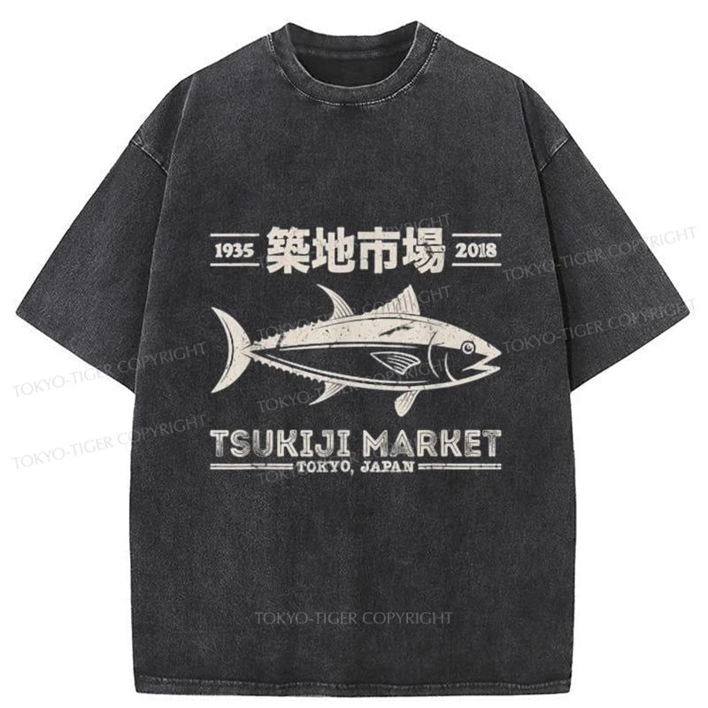 men's simple stylish t-shirts -Tokyo-Tiger Retro Tsukiji Fish Market Streetwear Tokyo Washed T-Shirt