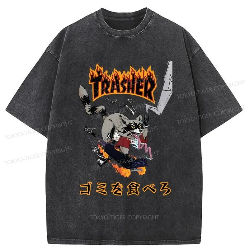 men's colorful graphic tees -Tokyo-Tiger Skate Fast Eat Trash Washed T-Shirt