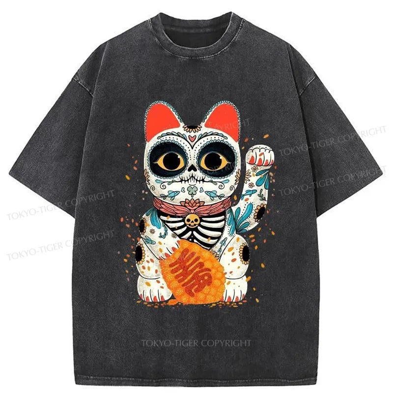 men's printed slogan t-shirts -Tokyo-Tiger Skeleton Lucky Cat Washed T-Shirt