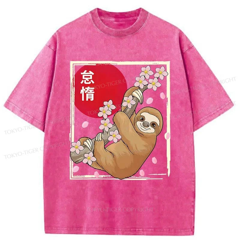 men's casual wear t-shirts -Tokyo-Tiger Sloths Climb On Cherry Trees Washed T-Shirt