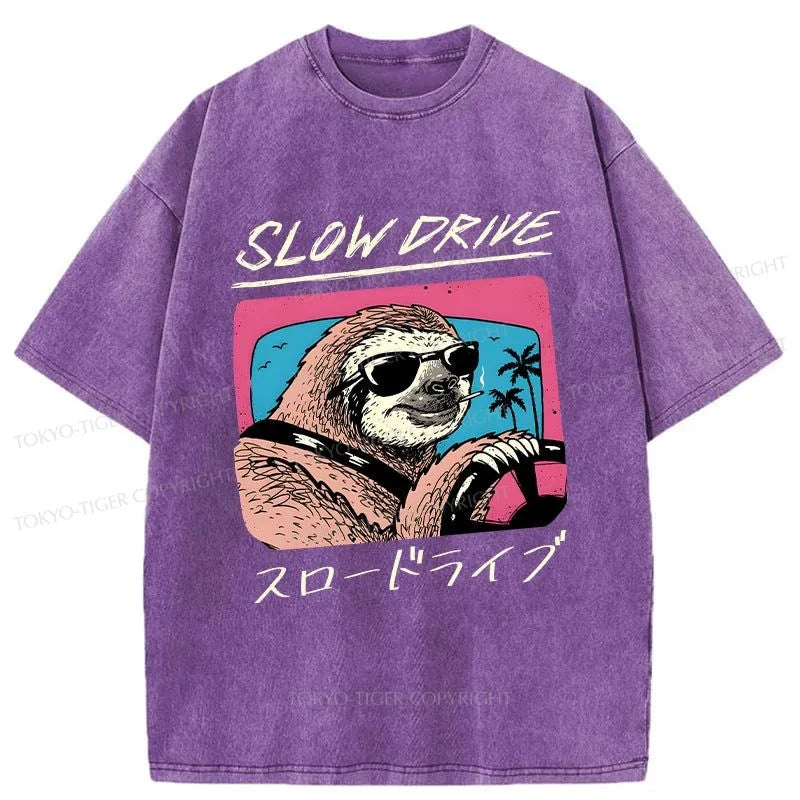 men's slim fit t-shirts -Tokyo-Tiger Slow Drive Sloth Washed T-Shirt