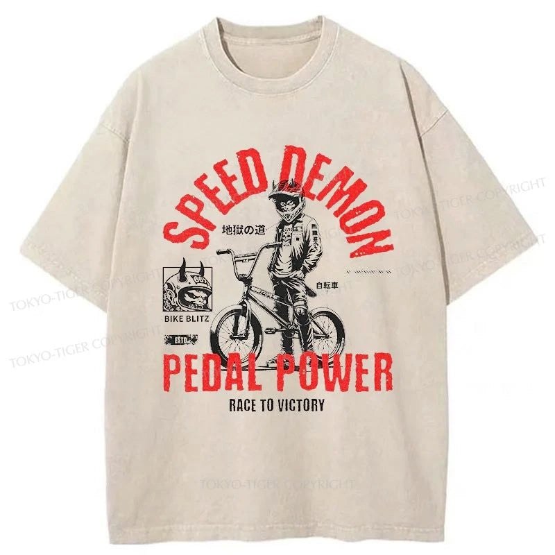 men's slim t-shirts -Tokyo-Tiger Speed Demon Bicycle Washed T-Shirt