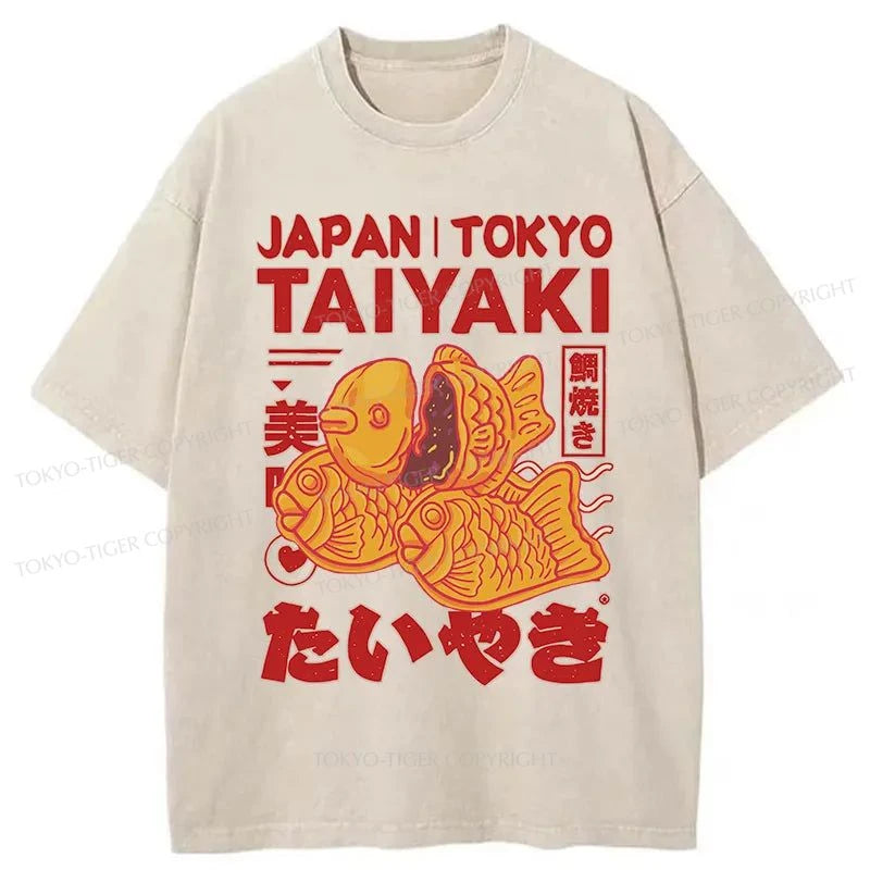 men's long sleeve t-shirts -Tokyo-Tiger Taiyaki Japanese Washed T-Shirt