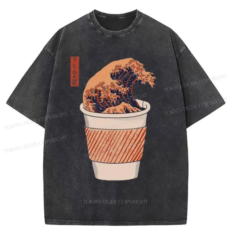 men's simple stylish t-shirts -Tokyo-Tiger The Great Wave of Coffee Washed T-Shirt