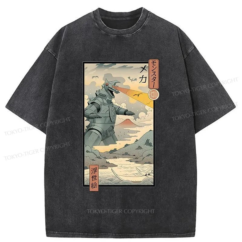 men's classic t-shirts -Tokyo-Tiger Ukiyo-e Robot Monster Washed T-Shirt