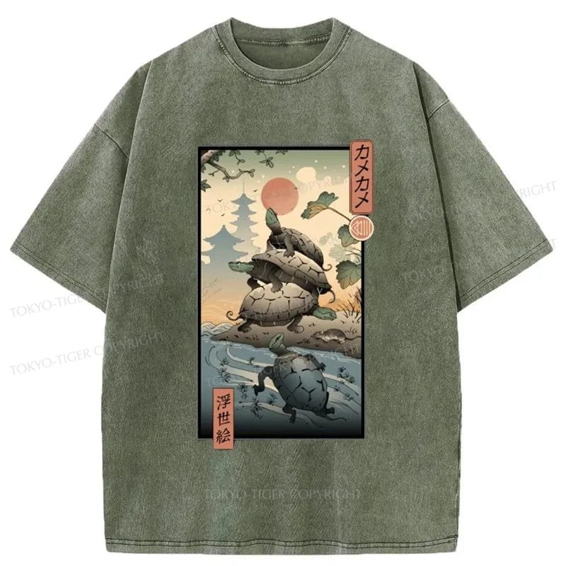 men's printed t-shirts -Tokyo-Tiger Ukiyoe Turtle Japanese Washed T-Shirt