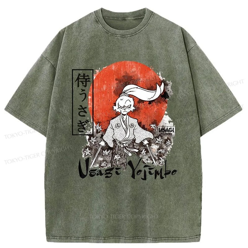 men's v-neck t-shirts -Tokyo-Tiger Usagi Yojimbo Kanji Red Sun Washed T-Shirt