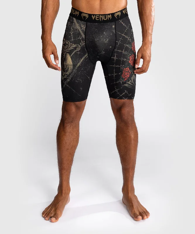 men's breathable shirts -Venum Santa Muerte 5.0 Men’s Vale Tudo Shorts - Deep Black/Gold