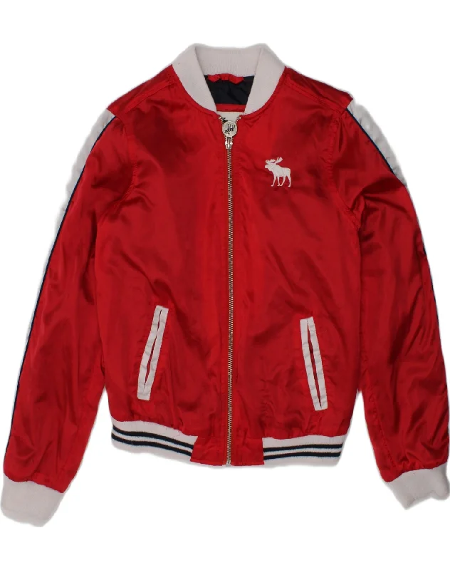 men's zip-up fleece jackets -ABERCROMBIE & FITCH Girls Graphic Varsity Jacket 9-10 Years Red Nylon