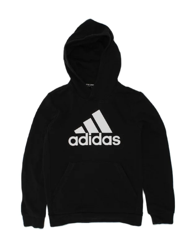 men's hoodie with zippered pockets -ADIDAS Boys Graphic Hoodie Jumper 11-12 Years Black Cotton