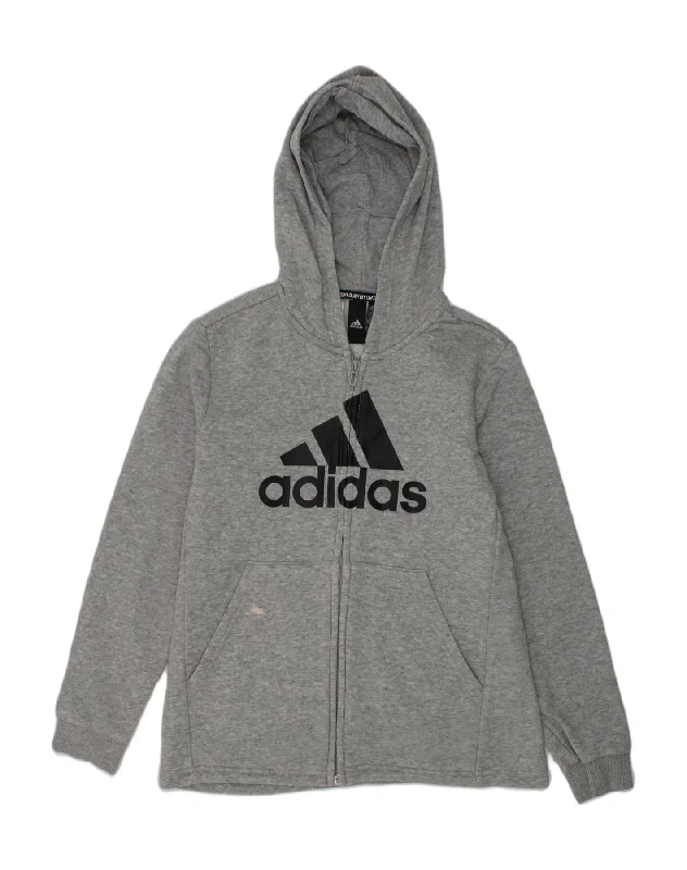 men's zip-up hoodies -ADIDAS Boys Graphic Hoodie Jumper 11-12 Years Grey Cotton