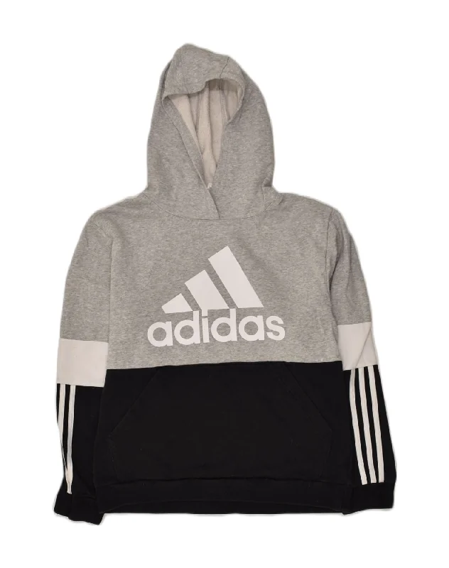 men's oversized sweatshirt hoodies -ADIDAS Boys Graphic Hoodie Jumper 15-16 Years XL Grey Colourblock Cotton