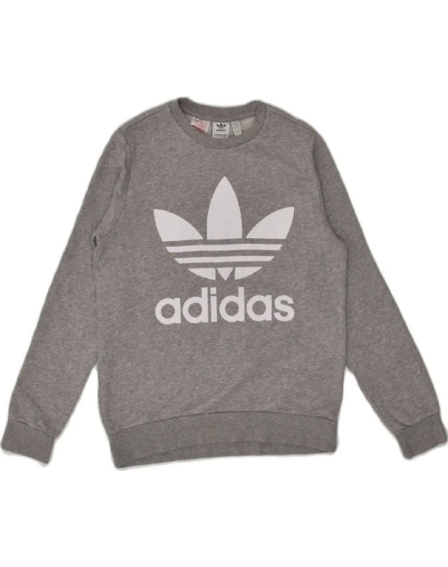 men's hoodie sweatshirt with graphics -ADIDAS Boys Graphic Sweatshirt Jumper 13-14 Years Grey Cotton