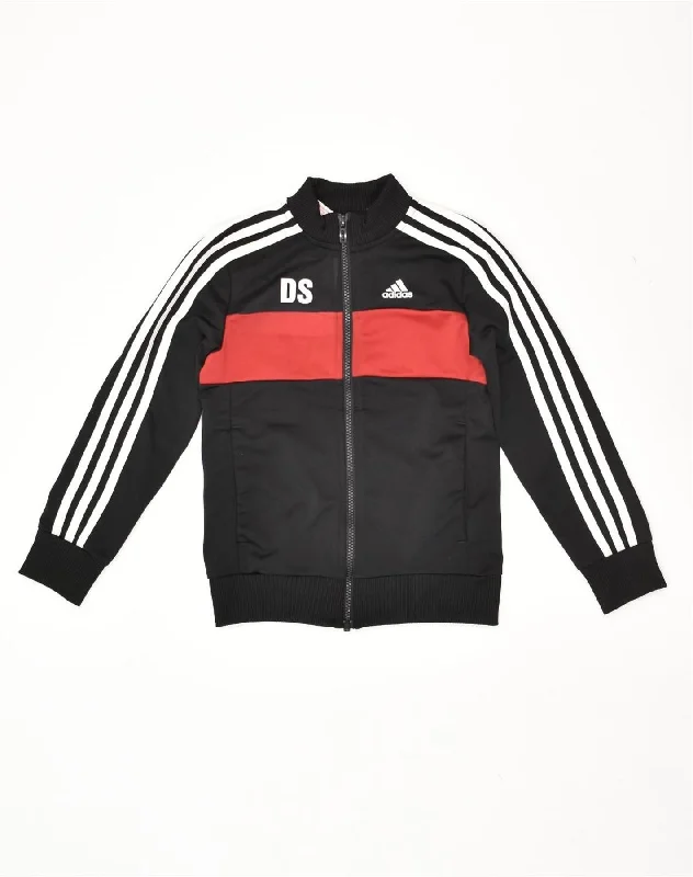 men's parka jackets with fur -ADIDAS Boys Graphic Tracksuit Top Jacket 7-8 Years Black Colourblock