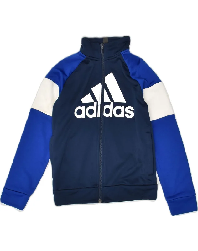 men's long sleeve jackets -ADIDAS Boys Graphic Tracksuit Top Jacket 7-8 Years Navy Blue Colourblock