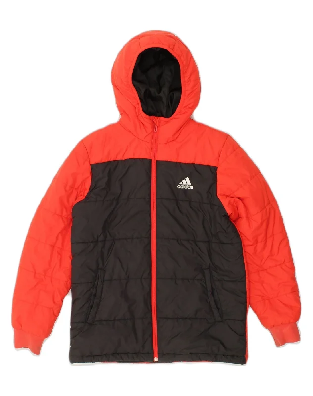 men's slim fit leather jackets -ADIDAS Boys Hooded Padded Jacket 11-12 Years Red Colourblock Polyester