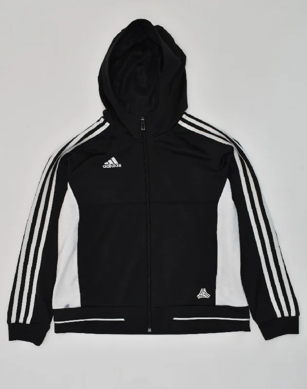 men's bomber jacket with patches -ADIDAS Boys Hooded Tracksuit Top Jacket 11-12 Years Black Colourblock