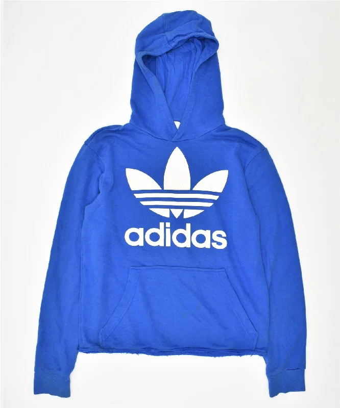 men's workout sweatshirts -ADIDAS Girls Crop Graphic Hoodie Jumper 15-16 Years Blue Cotton