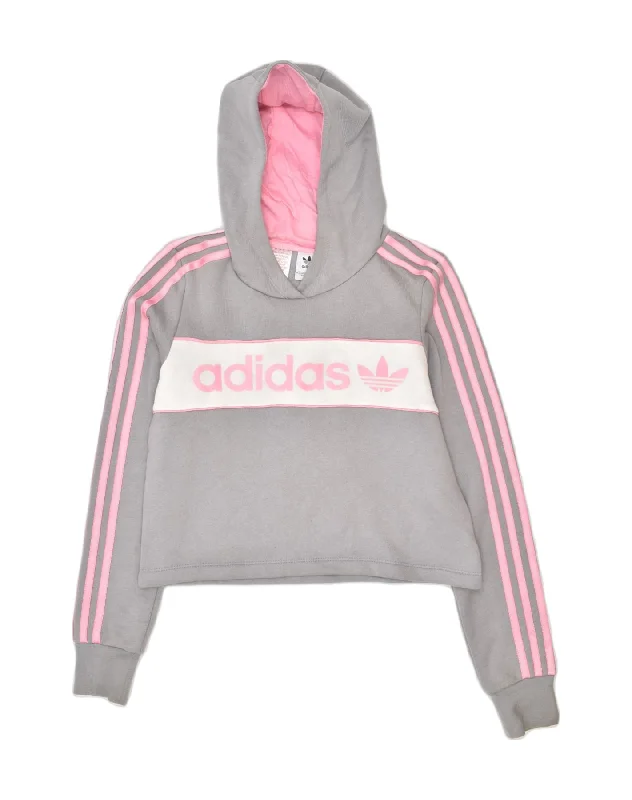 men's graphic print hoodies -ADIDAS Girls Graphic Hoodie Jumper 12-13 Years Grey Colourblock Polyester