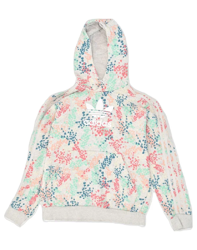 men's trendy oversized hoodies -ADIDAS Girls Graphic Hoodie Jumper 14-15 Years Grey Floral Cotton